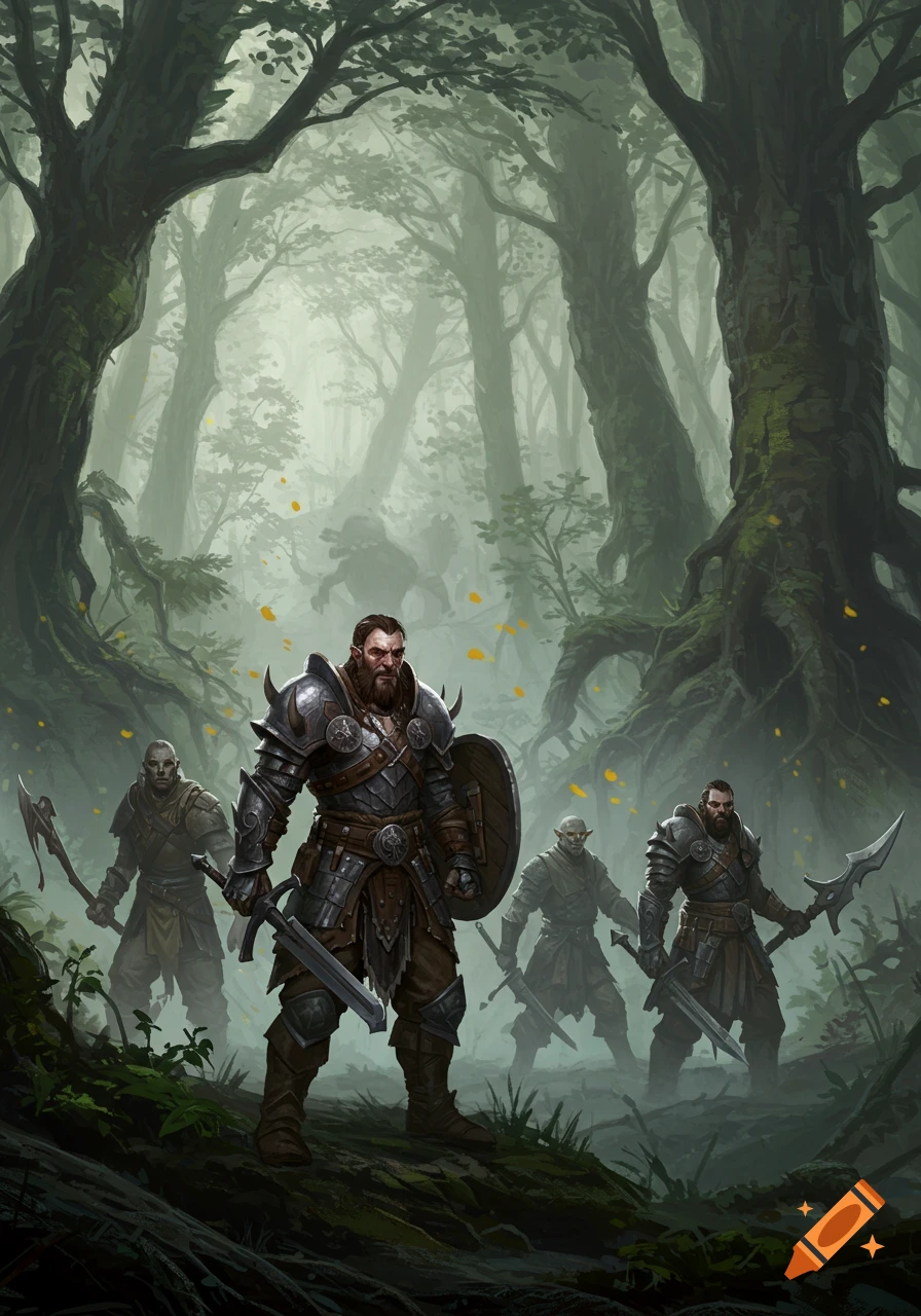 Armored warriors and orc figures stand in a misty, dark forest, ready for adventure.