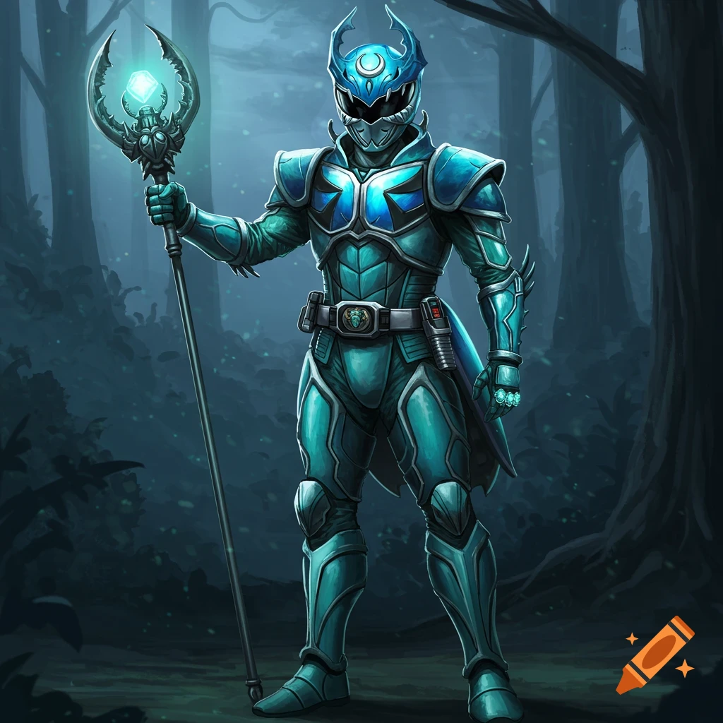 A blue and aqua armored character, resembling a Power Ranger, stands in a dark, misty forest holding a glowing staff with a beetle design.