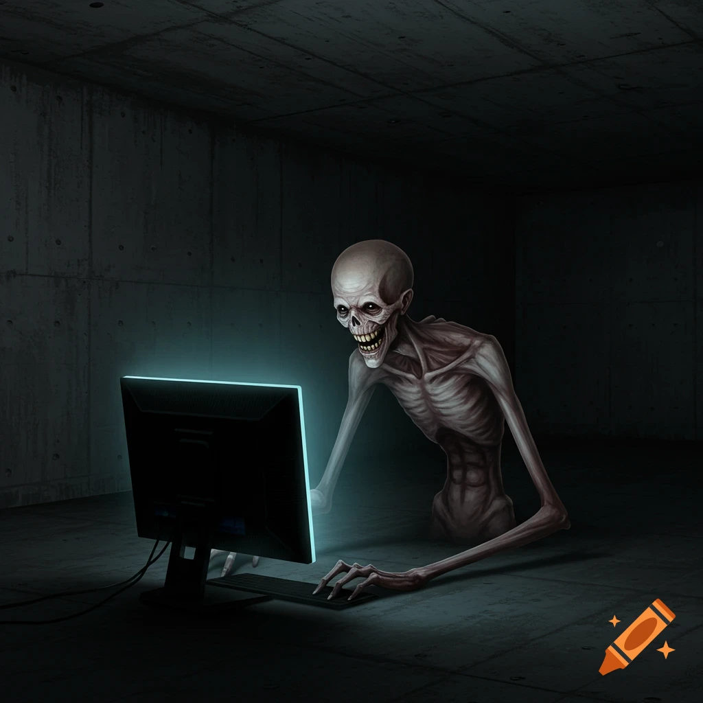 A skeletal monster with a wide grin looks at a glowing computer screen in a dark, empty concrete room. Digital art.
