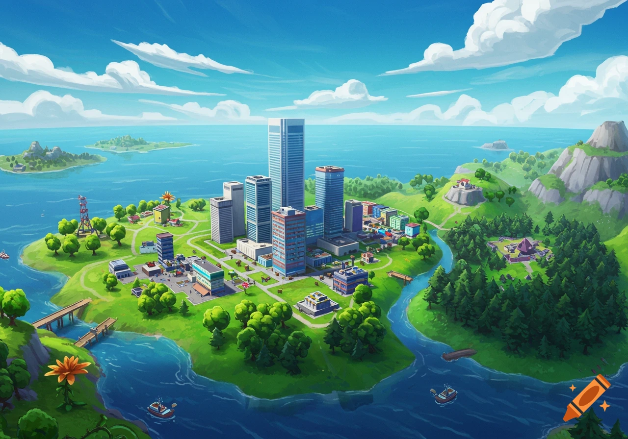 Vibrant cartoon cityscape on a green island with tall buildings, a river, forests, and distant islands in a blue ocean.
