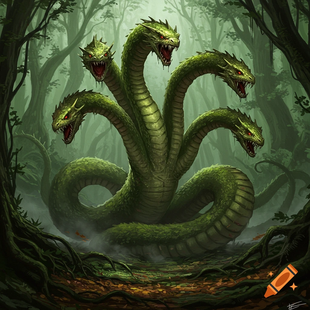 A five-headed green hydra with glowing red eyes coils menacingly in a dark, misty forest, in a digital painting style.