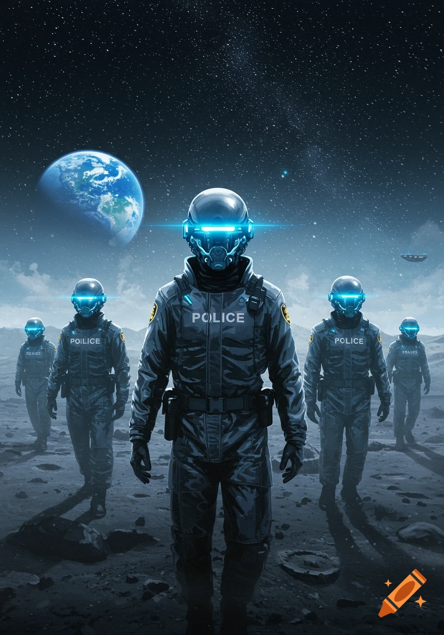 Futuristic police officers in spacesuits stand on a barren moon-like surface under a starry sky with Earth visible in the distance.
