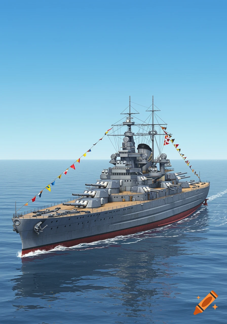 A detailed render of a grey battleship with a red hull and colorful signal flags flying, sailing on a blue ocean under a clear sky.