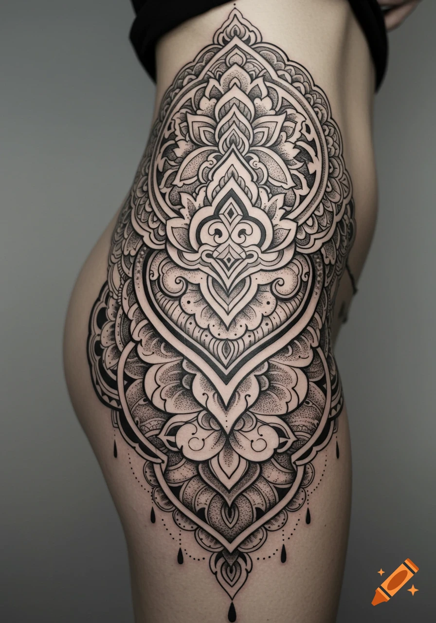 Filigree Hip Tattoo created on Craiyon, image size:896x1280