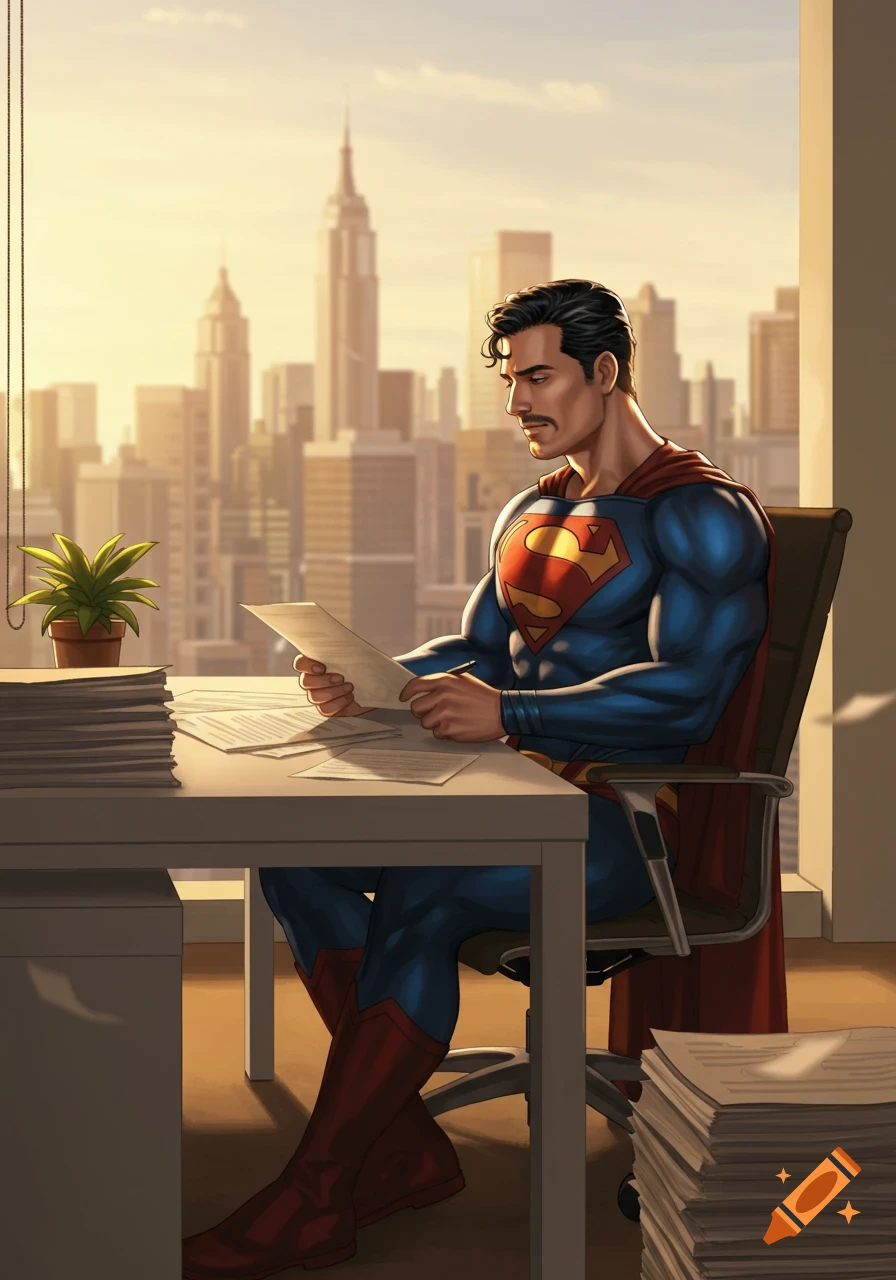 Superman in costume sits at an office desk, reading papers. A city skyline at sunset is visible through the window. Comic art.