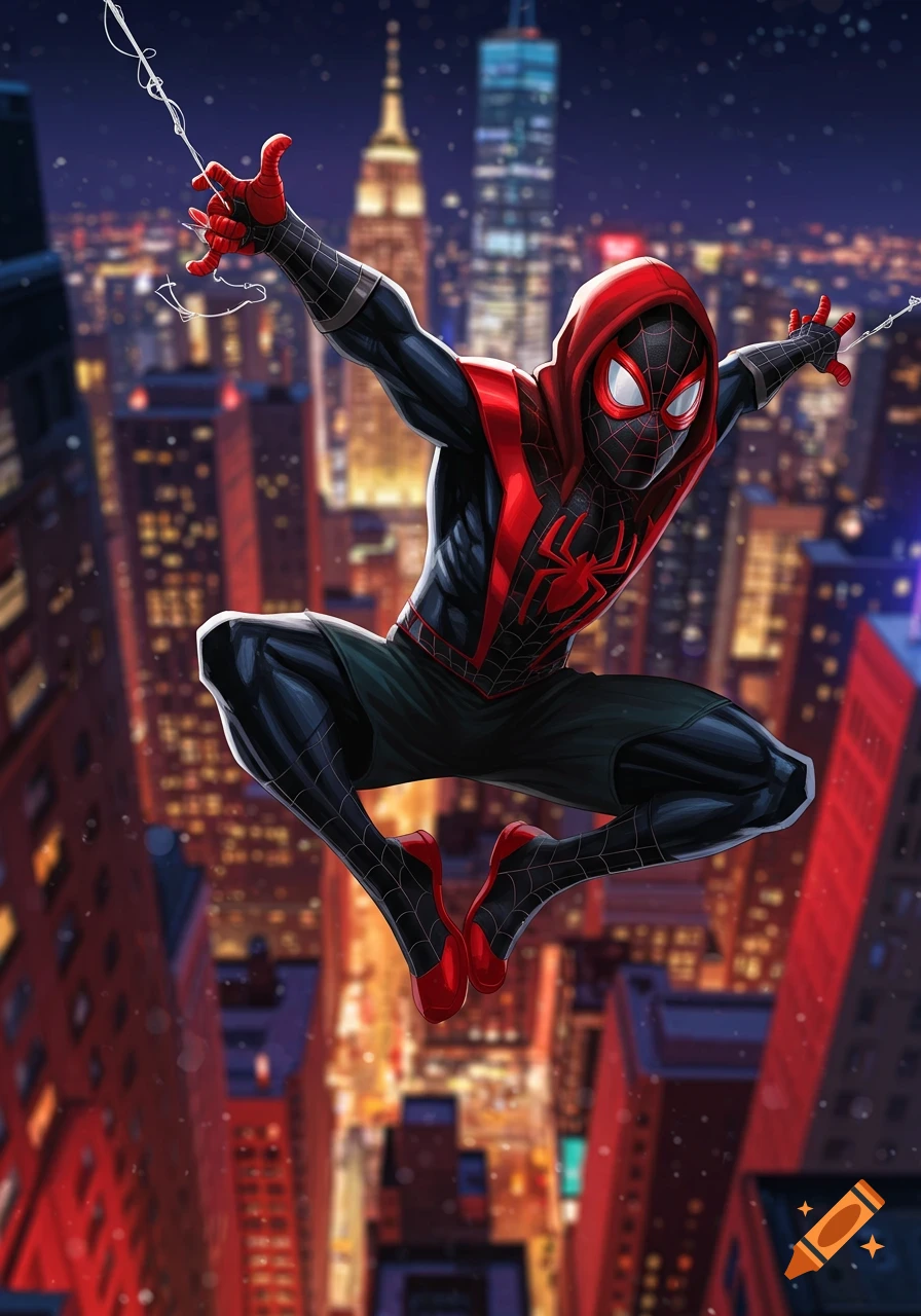 Miles Morales, also known as Spider-Man, swings through a vibrant city at night.