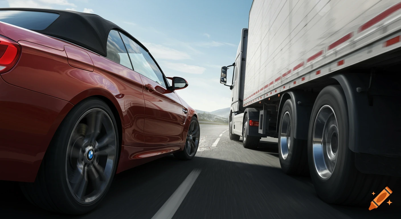 Photorealistic image of a red BMW convertible and a white semi-truck driving closely on a highway.