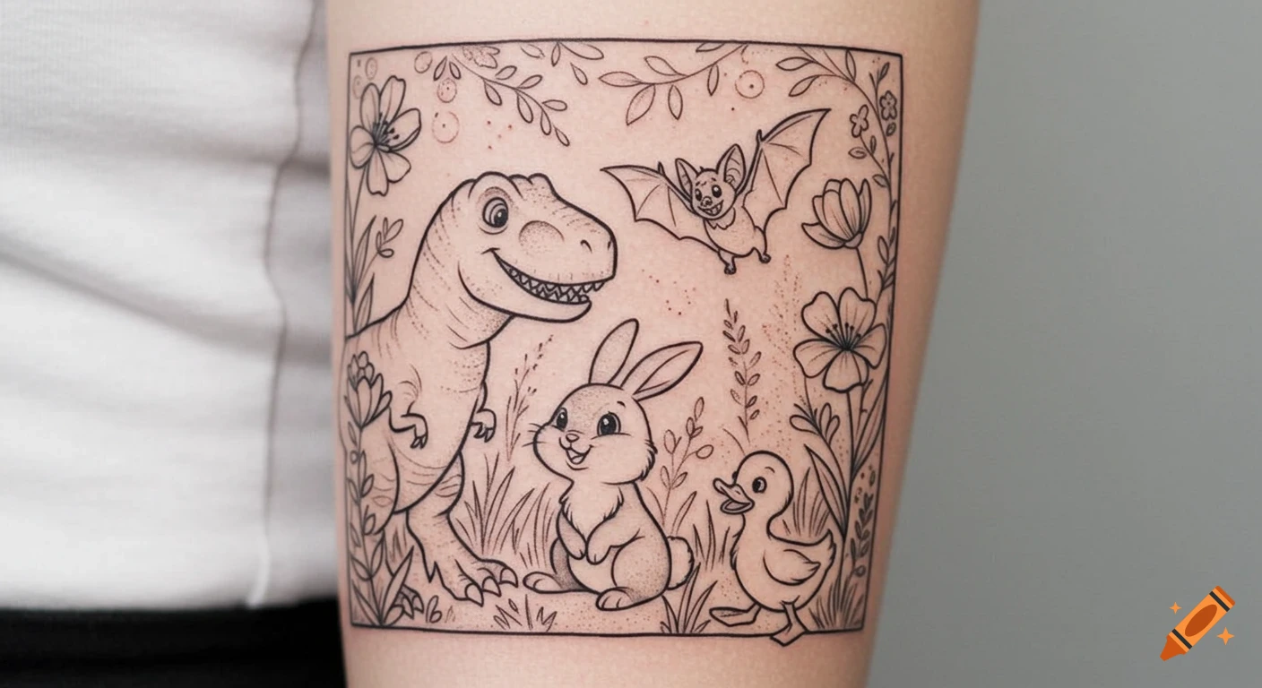Black and white line art tattoo on an arm depicting a T-Rex, bunny, bat, and duckling in a playful nature scene.