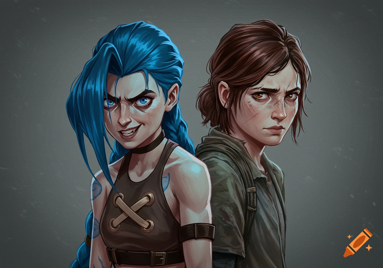 Stylized illustration of Jinx with blue hair and a sinister grin, back-to-back with Ellie with brown hair and a serious expression.