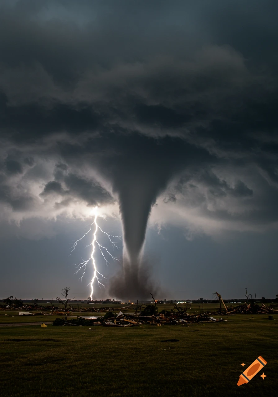 A large tornado touches down in a rural area with lightning striking behind it, under dark, stormy clouds.
