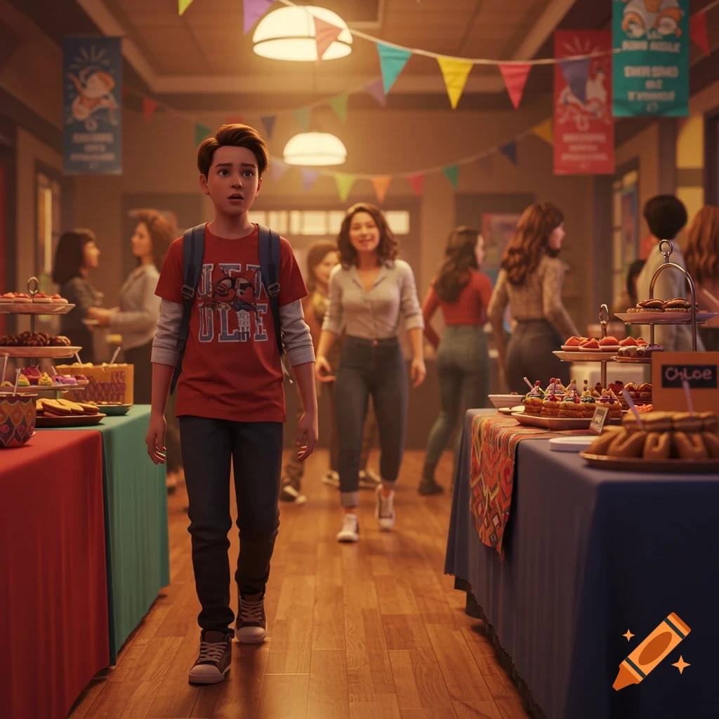 A boy with a backpack and red shirt looks wide-eyed, walking through a bustling room with people, tables of snacks, and colorful banners.