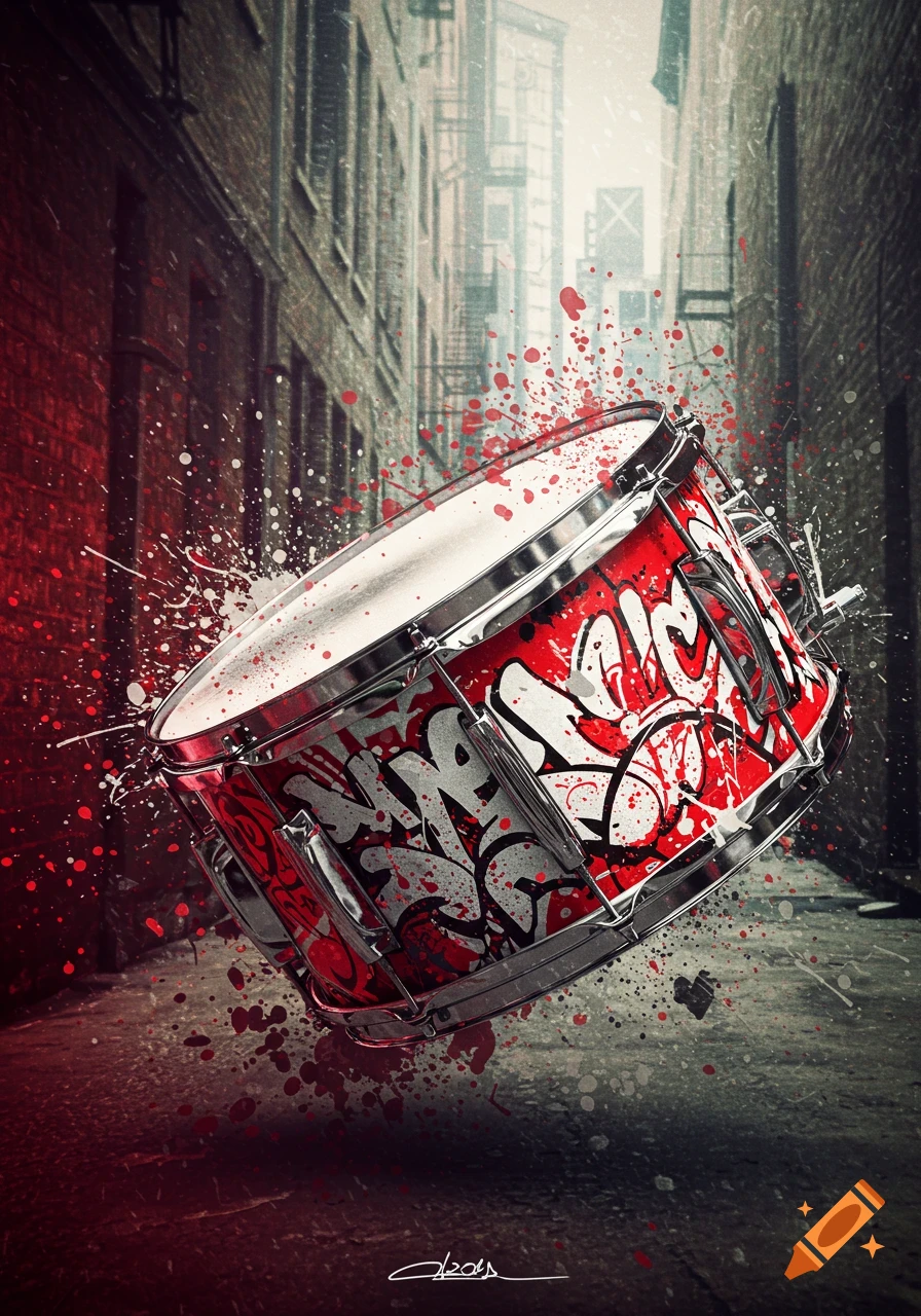 A red, white, and black graffiti-painted snare drum floats in a dark urban alley with paint splatters.