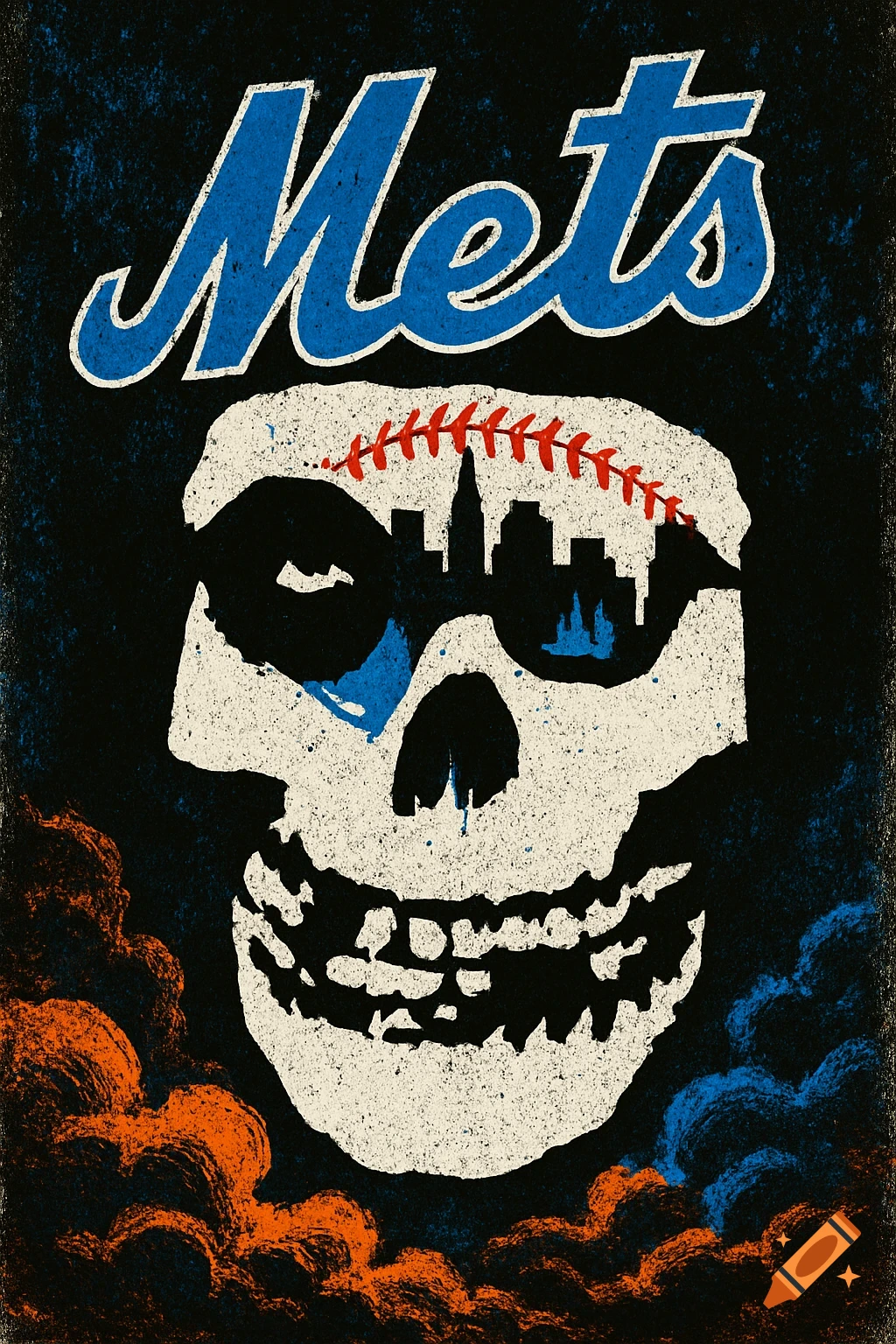 A distressed art style illustration combining the New York Mets baseball logo with the Misfits band skull logo.