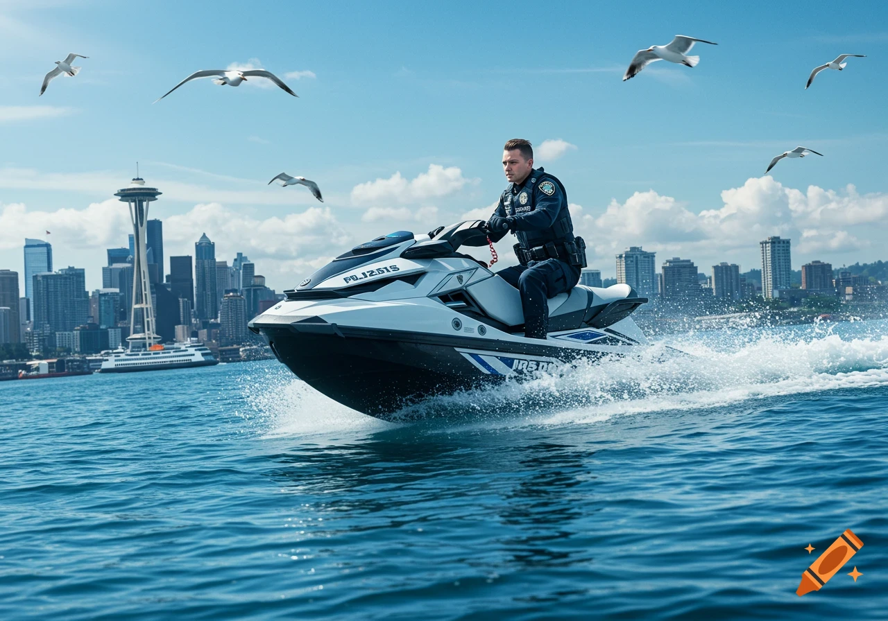A police officer rides a jet ski on the water with the Seattle skyline in the background.