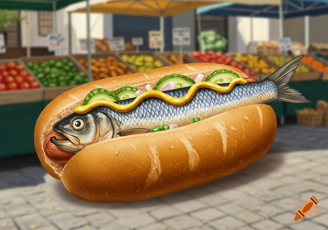A realistic illustration of a gizzard shad fish served like a hot dog in a bun with mustard and pickles, at a market stall.