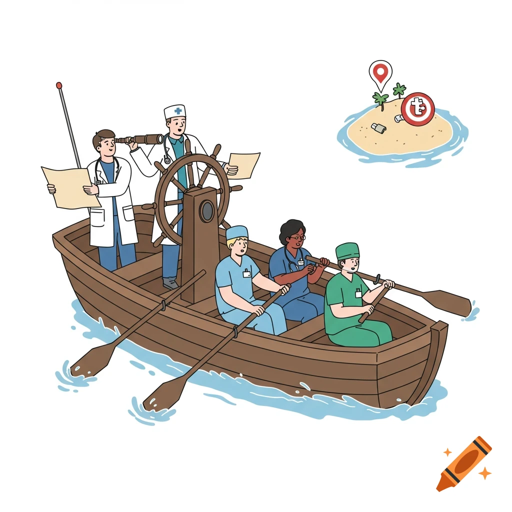 Clipart illustration of healthcare professionals in a boat, steering and rowing towards a target on a small island.