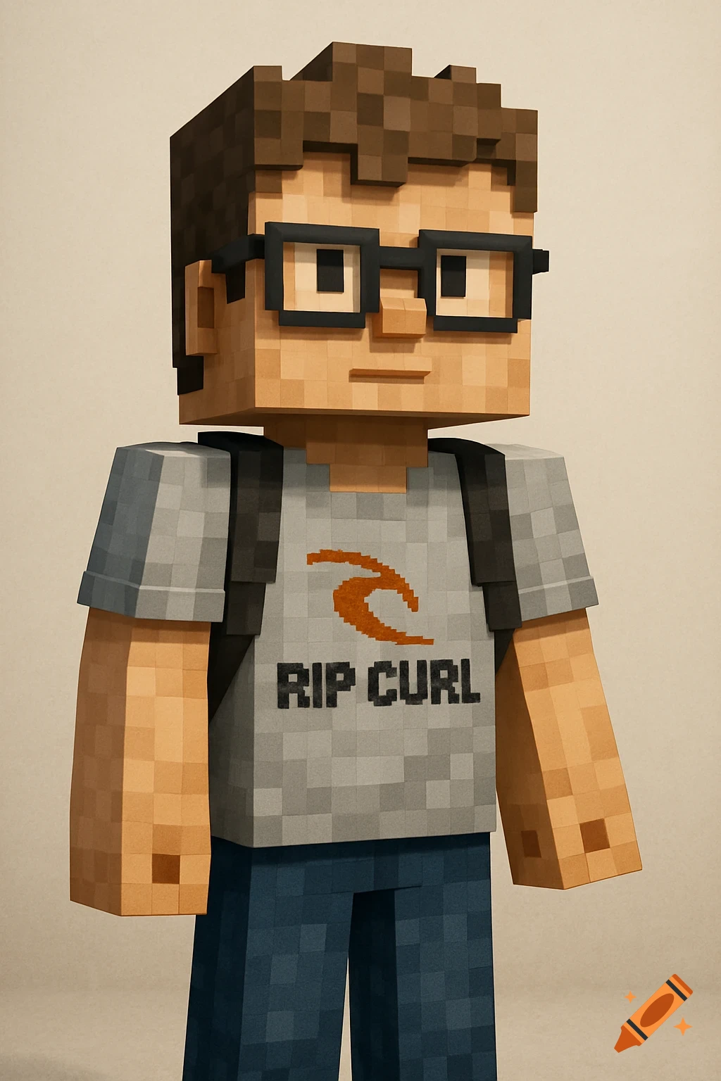 A blocky Minecraft-style character with brown hair and glasses, wearing a gray t-shirt with a Rip Curl logo and a black backpack.