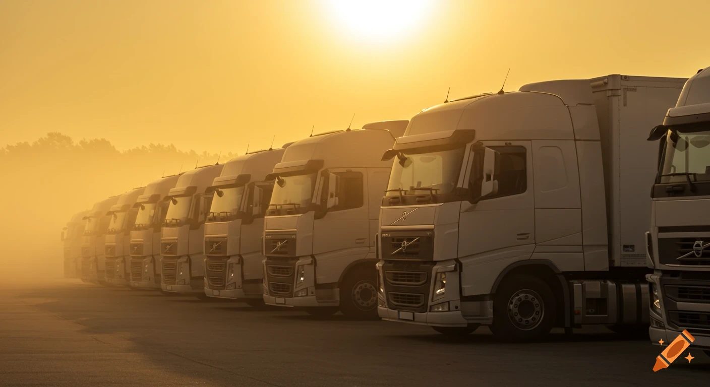 A row of white semi-trucks parked in a misty lot at sunrise, bathed in warm golden light.