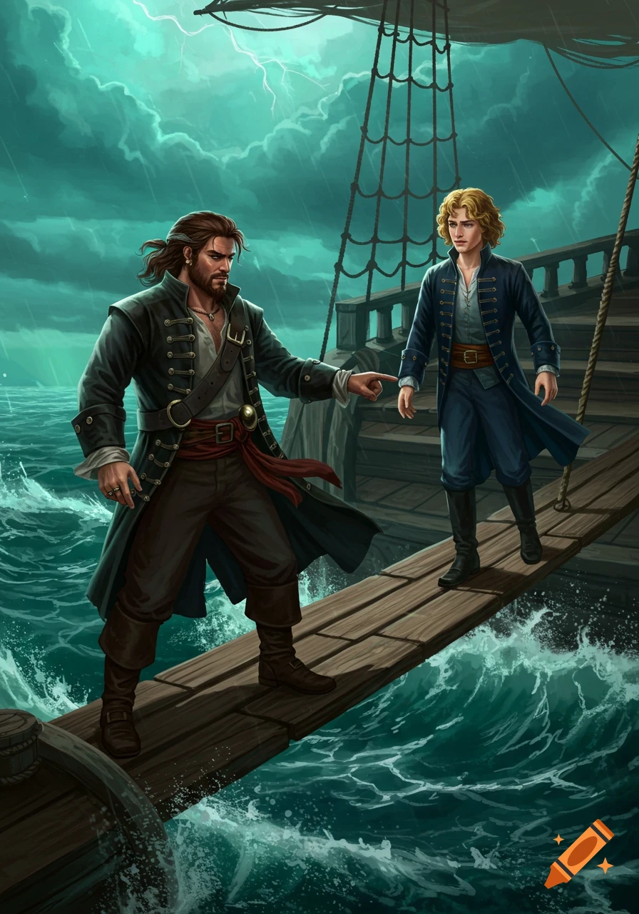 A pirate with long brown hair points at a blonde prince on a plank over stormy seas during a lightning storm, digital painting.