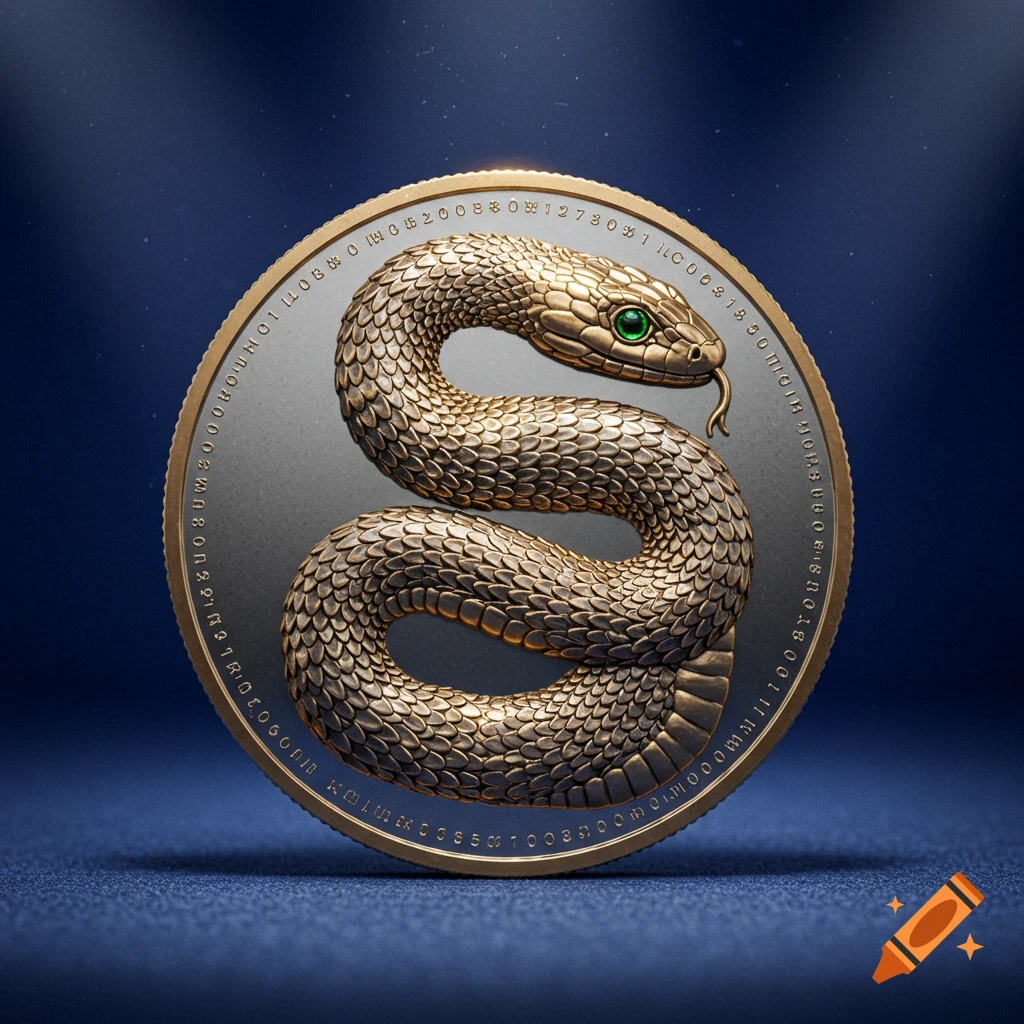 A photorealistic image of a gold snake coiled into an 'S' shape on a silver coin, set against a dark blue background.