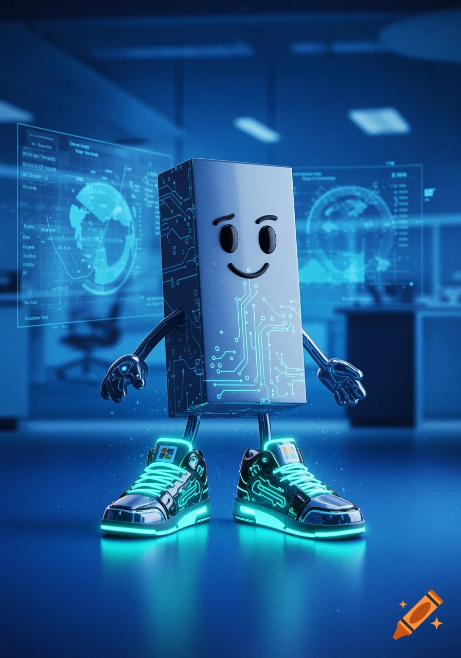 A friendly, rectangular character with circuit board patterns and glowing shoes stands in a blue, futuristic office.