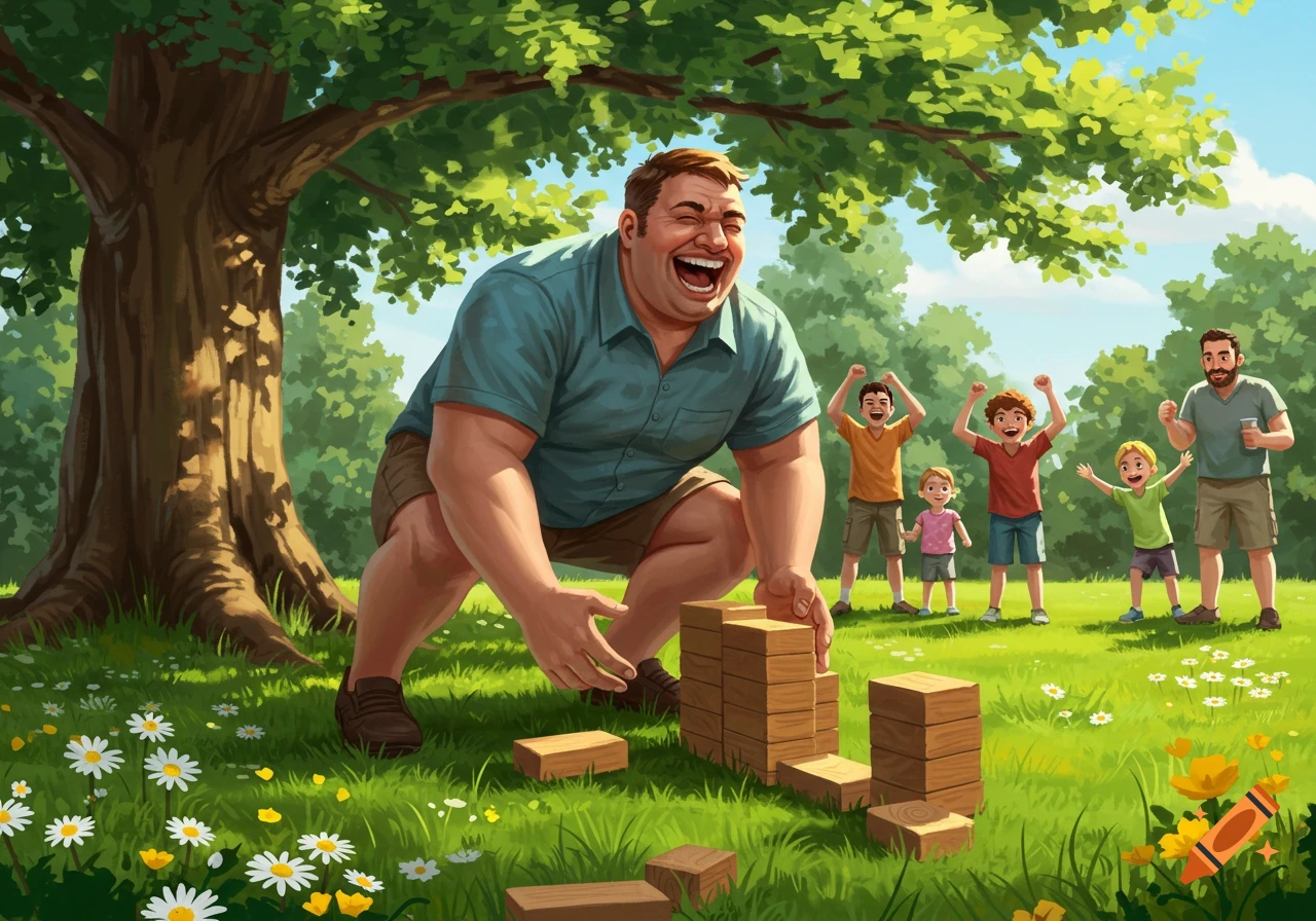 An illustrated scene of a laughing man crouching to play a yard game with wooden blocks, while children and another man cheer in a sunny park.