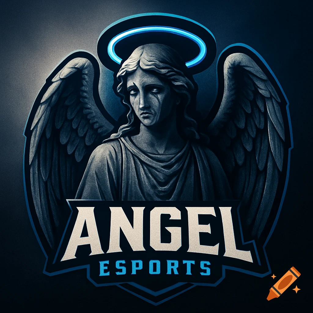 Esports logo featuring a grayscale crying angel statue with large wings and a glowing blue halo above 'ANGEL ESPORTS'.