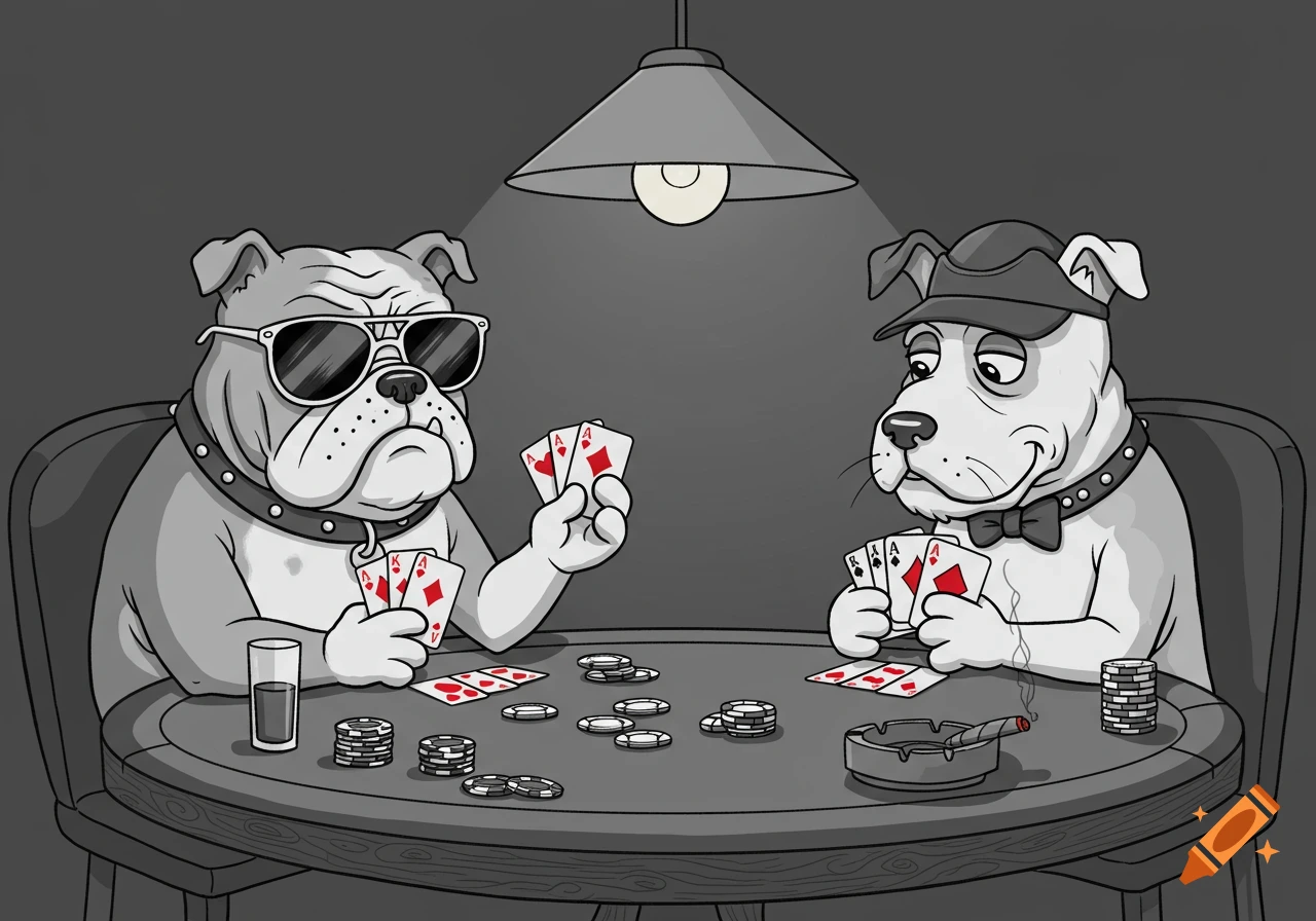 Two cartoon dogs playing poker at a table in a black and white line art style.