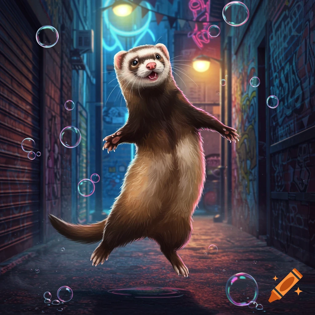 A happy ferret jumps in a dark, graffiti-covered alley with neon lights and floating bubbles, digital art.