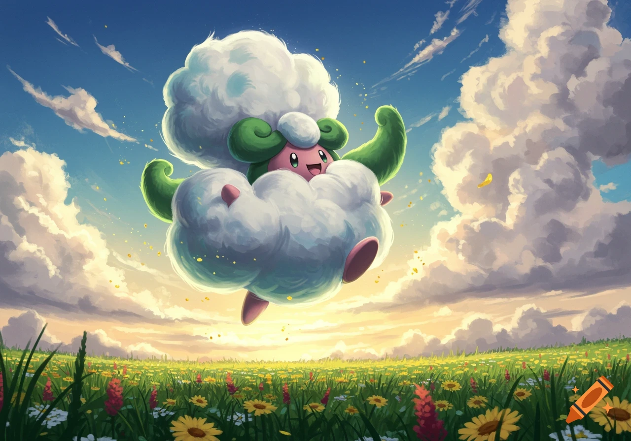 A cartoonish cloud-like Pokemon with pink features and green tendrils floats over a vibrant flower field under a blue sky.