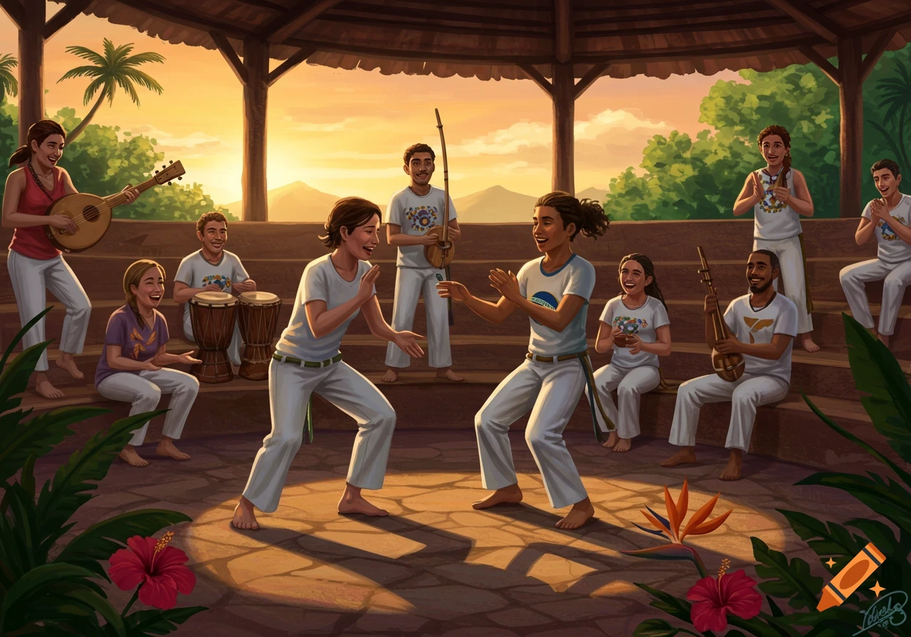 Illustration of a group of people performing Capoeira in an outdoor gazebo at sunset, with musicians and spectators.