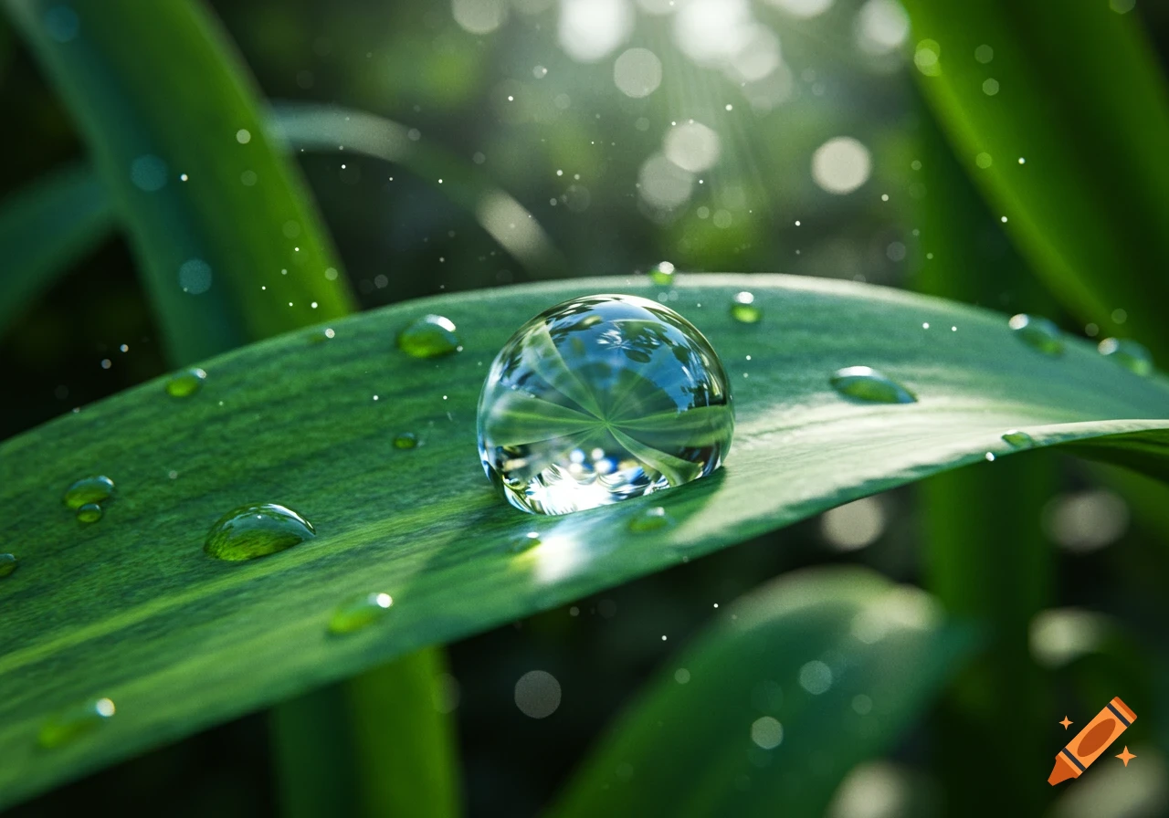 A crystal-clear water droplet rests on a vibrant green leaf, illuminated by a ray of sunlight filtering through the background foliage.