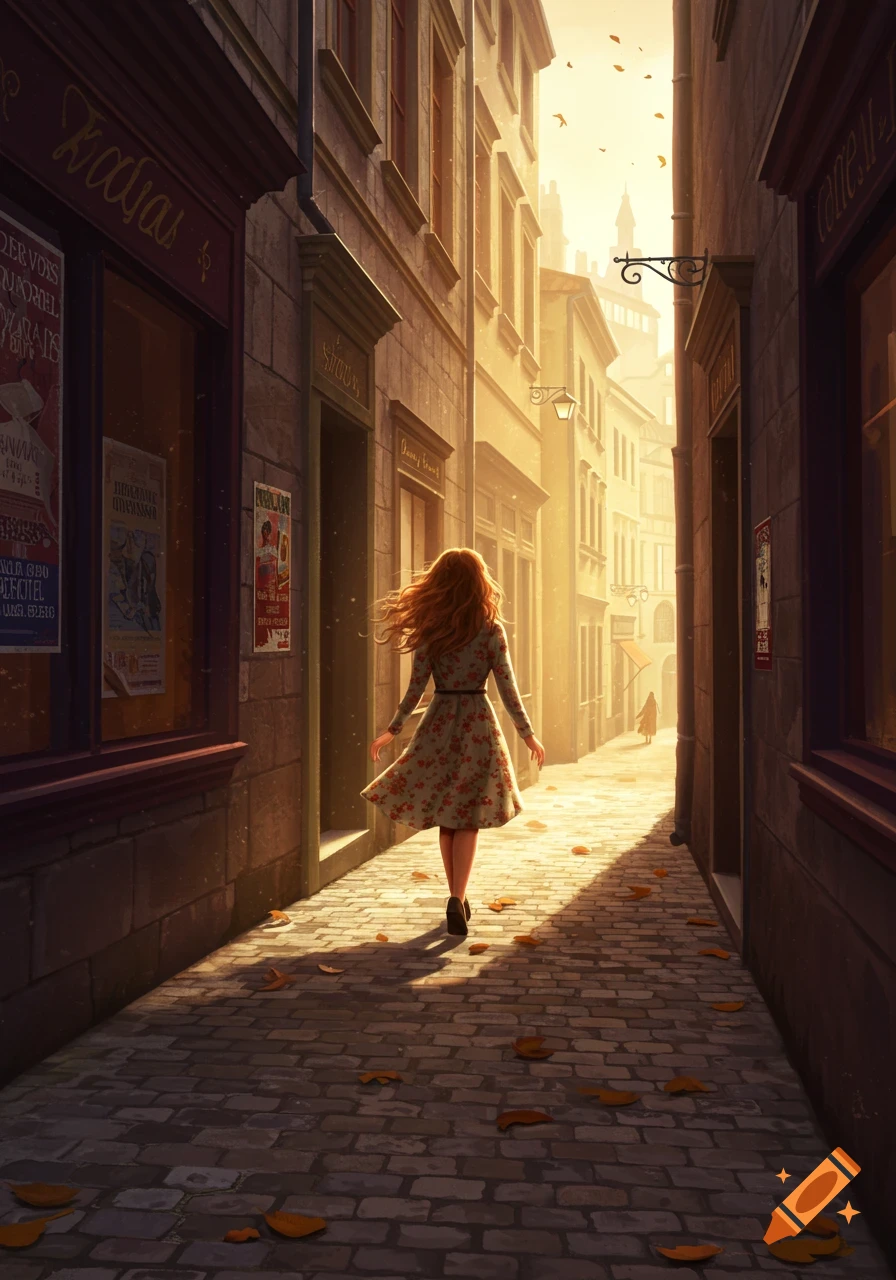 A woman with long red hair walks down a narrow, sunlit cobblestone alley lined with old buildings and shops.