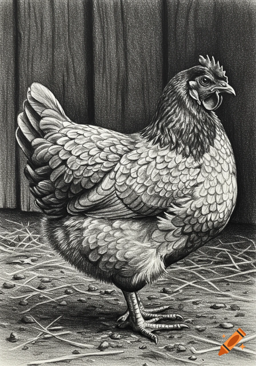Charcoal sketch of a chicken standing on a hay-covered ground against a wooden wall.