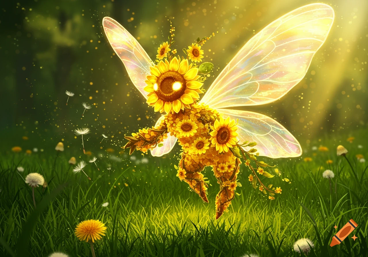 A glowing sunflower fairy with translucent wings flies over a vibrant green field with dandelions, bathed in golden sunlight.