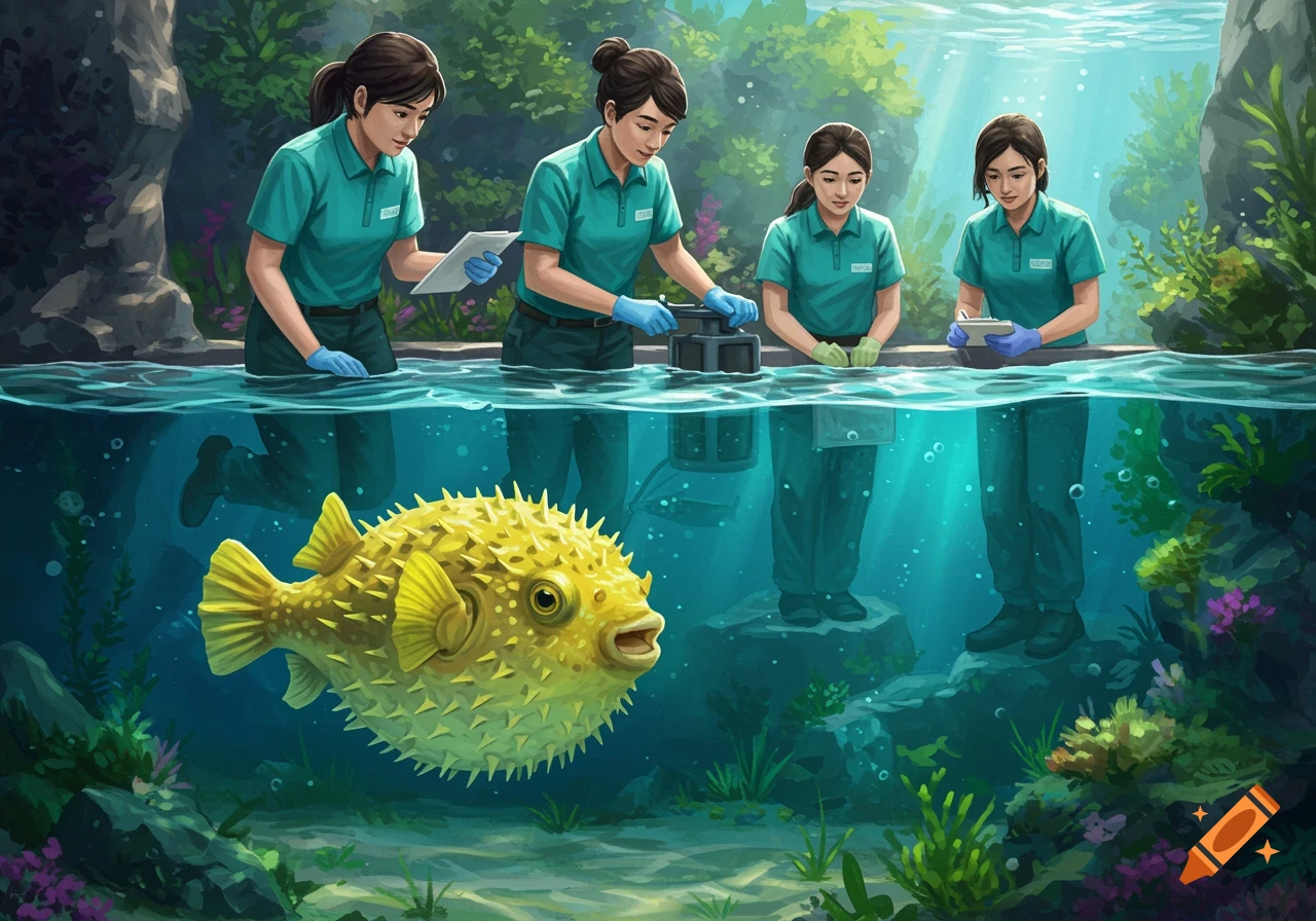 Four zookeepers in teal uniforms attend to a large yellow pufferfish in a sunlit aquarium.