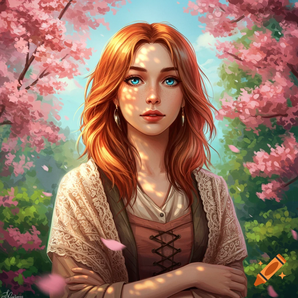 Digital painting of a red-haired woman with blue eyes wearing a lace shawl, standing among pink cherry blossoms.
