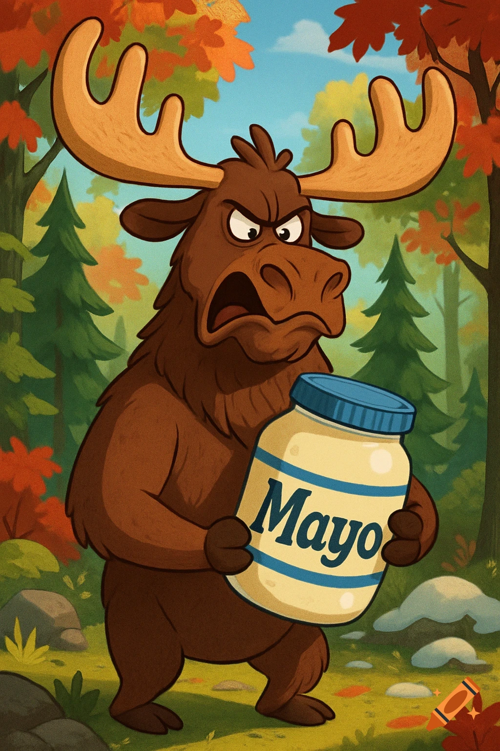 An angry cartoon moose stands in a forest, holding a jar of mayonnaise labeled 'Mayo'.
