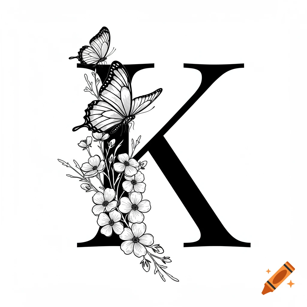 Black and white illustration of the letter K adorned with two butterflies and flowers.