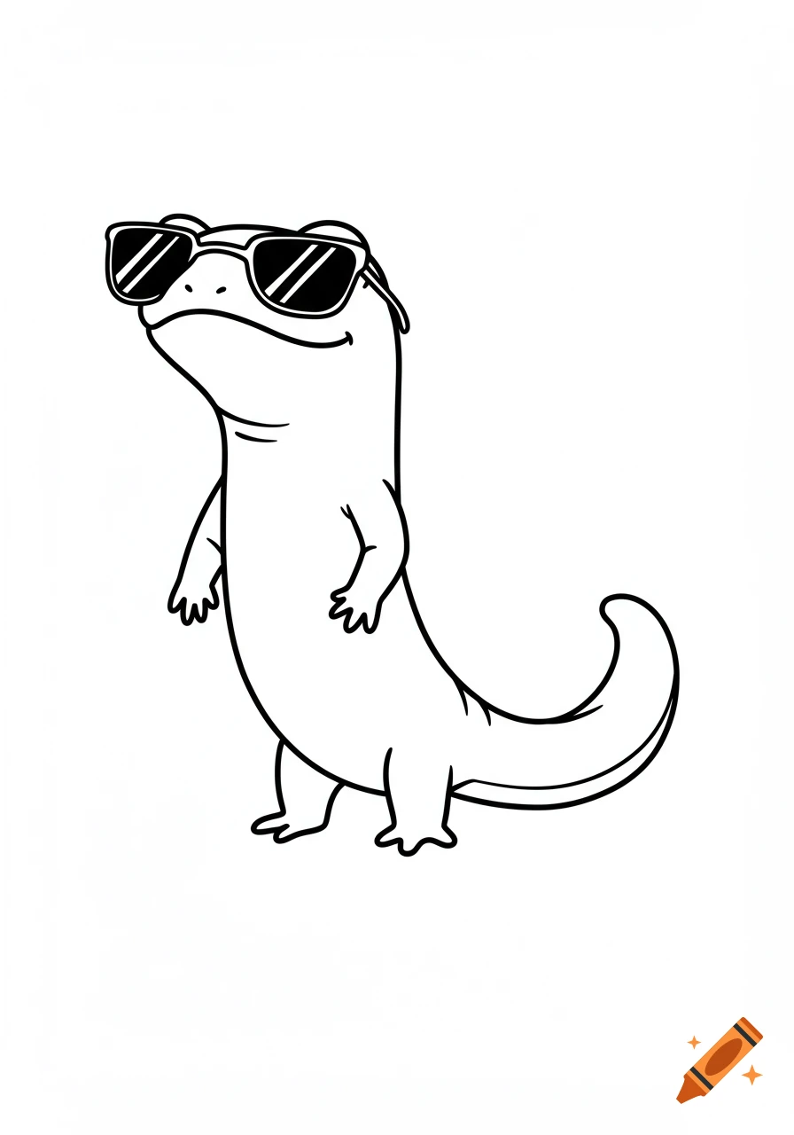 A cool cartoony newt standing on two legs, wearing sunglasses, drawn in a simple line art style on a white background.