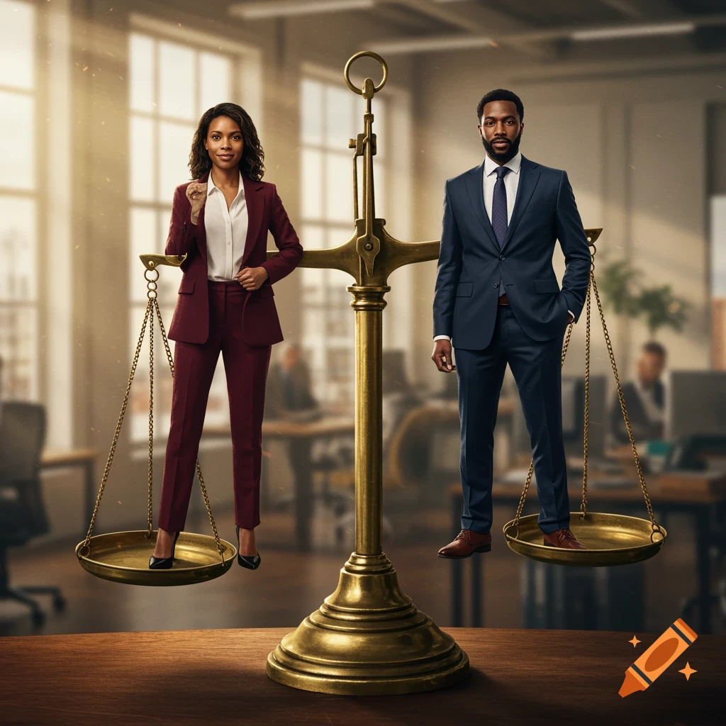 A photorealistic image of a man and a woman in business suits standing on an old brass balance scale, symbolizing equality, in an office.