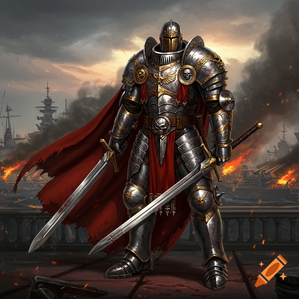 A heavily armored warrior, resembling a knight or space marine, stands holding two large swords amidst a burning naval battle.