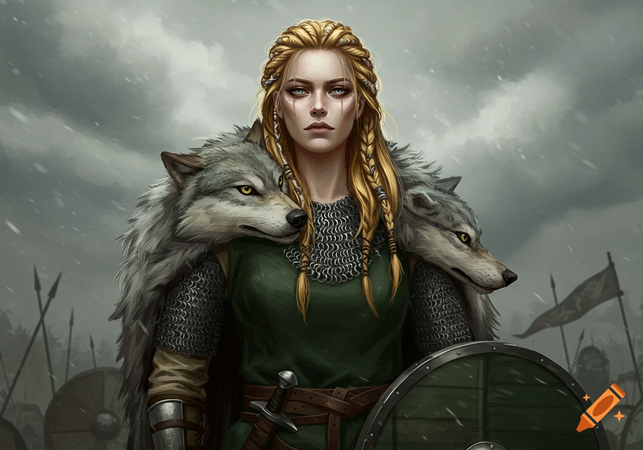 A female warrior with blonde braided hair, wearing chainmail and a wolf-fur cloak, holding a shield in a snowy battlefield.