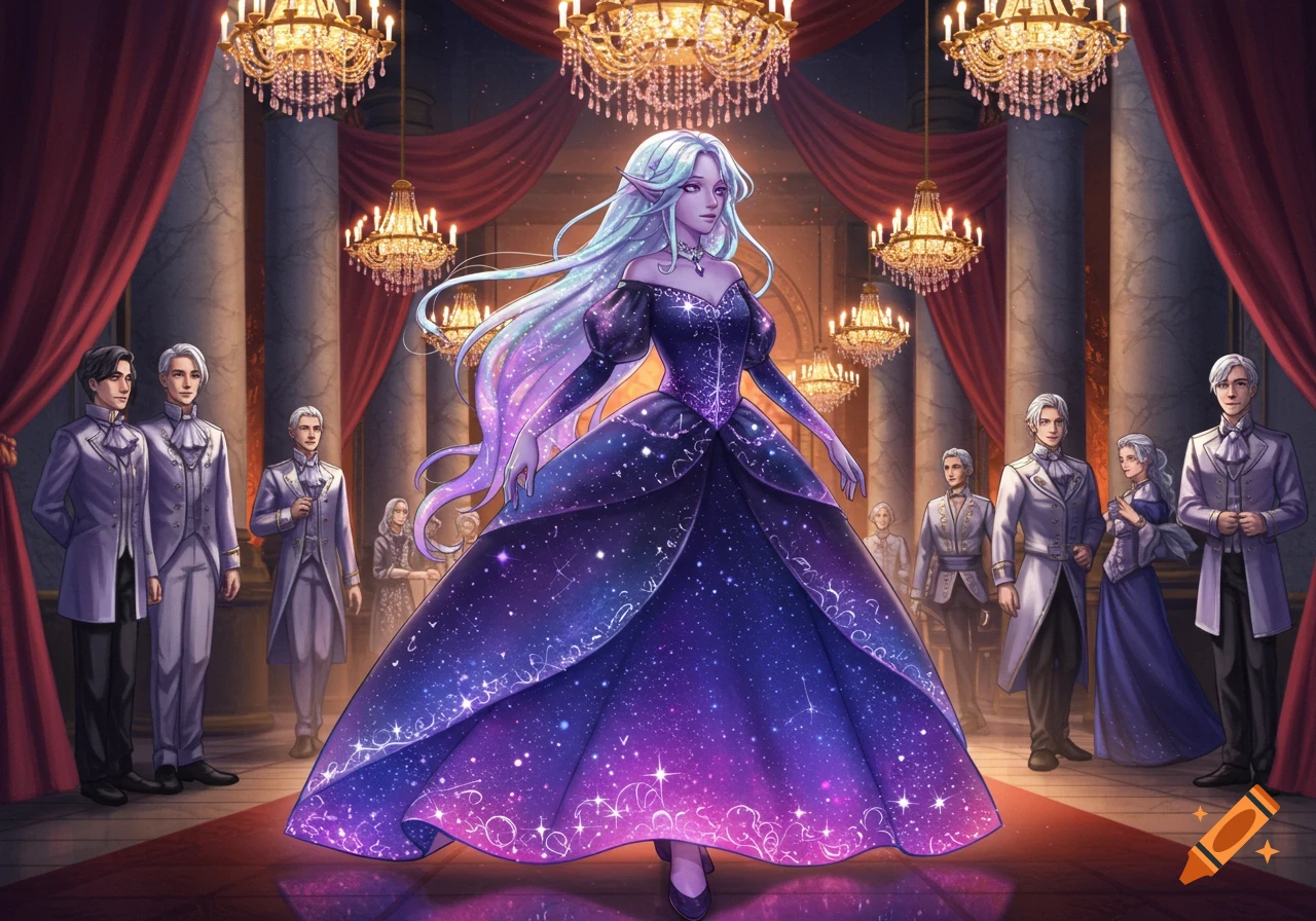 Anime princess with long iridescent hair in a starry ball gown, surrounded by nobility in a grand ballroom.