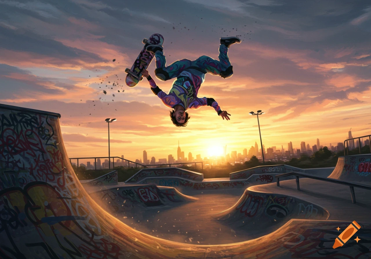 An illustrated skateboarder does an upside-down trick in a skatepark at sunset with a city skyline in the background.