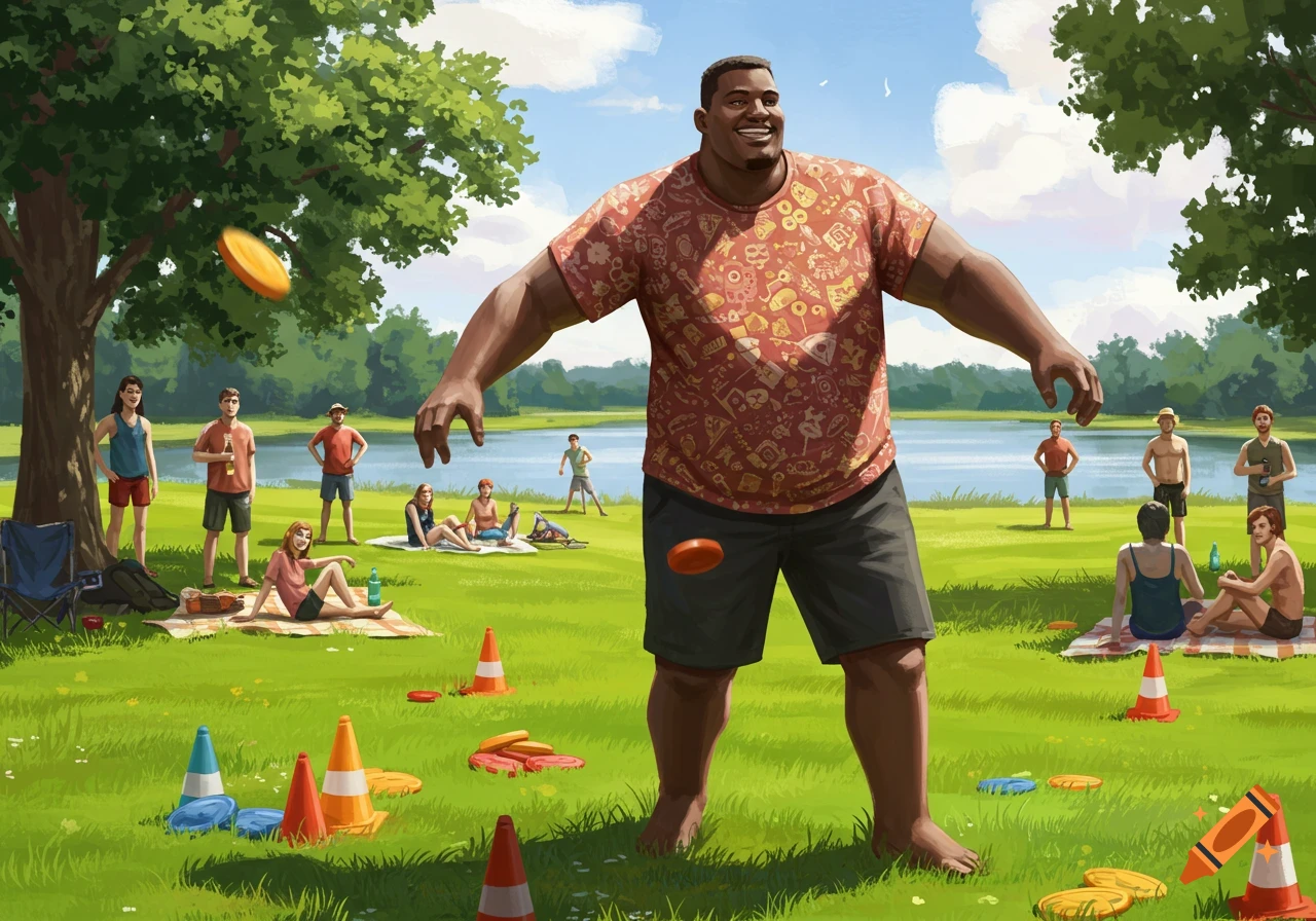 A large, muscular man in a patterned shirt playing yard games in a grassy park by a lake with other people relaxing.