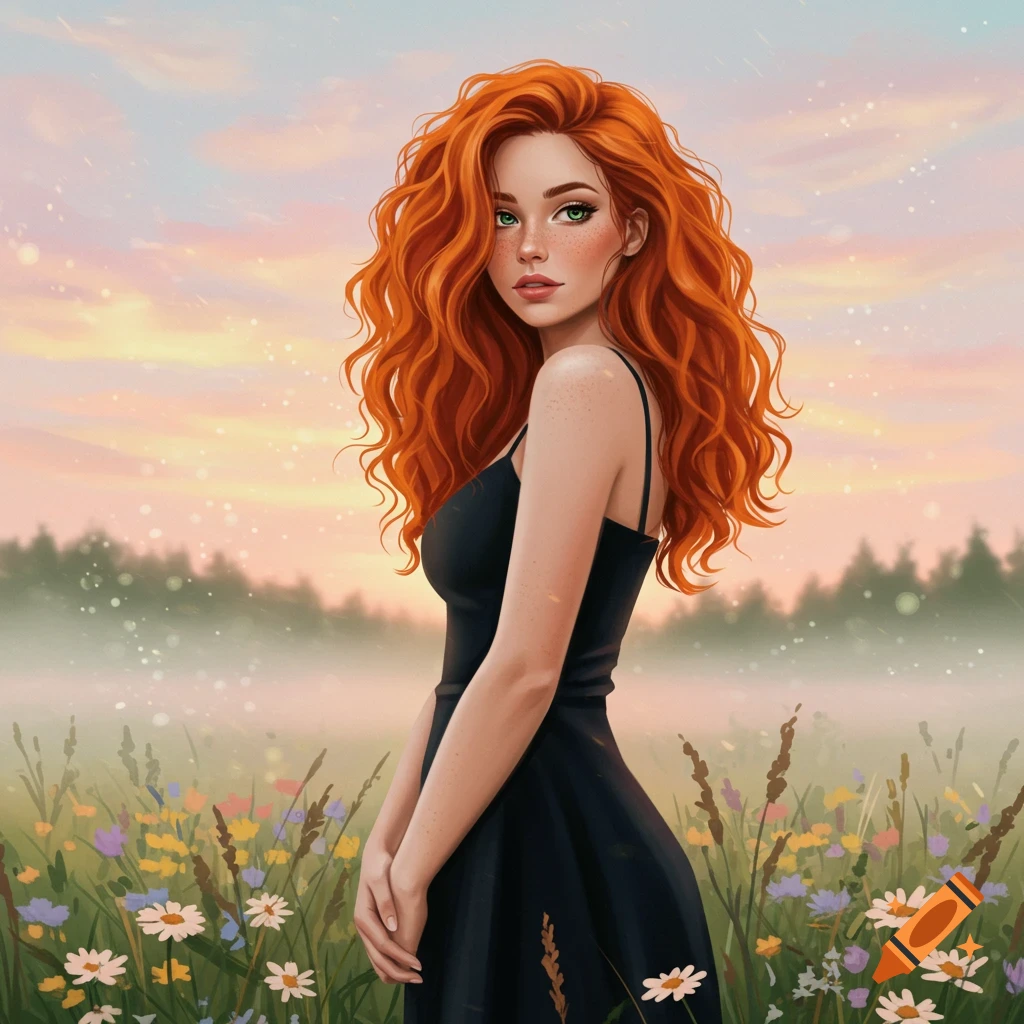 Stylized illustration of a redhead woman in a black dress standing in a field of wildflowers at sunset.