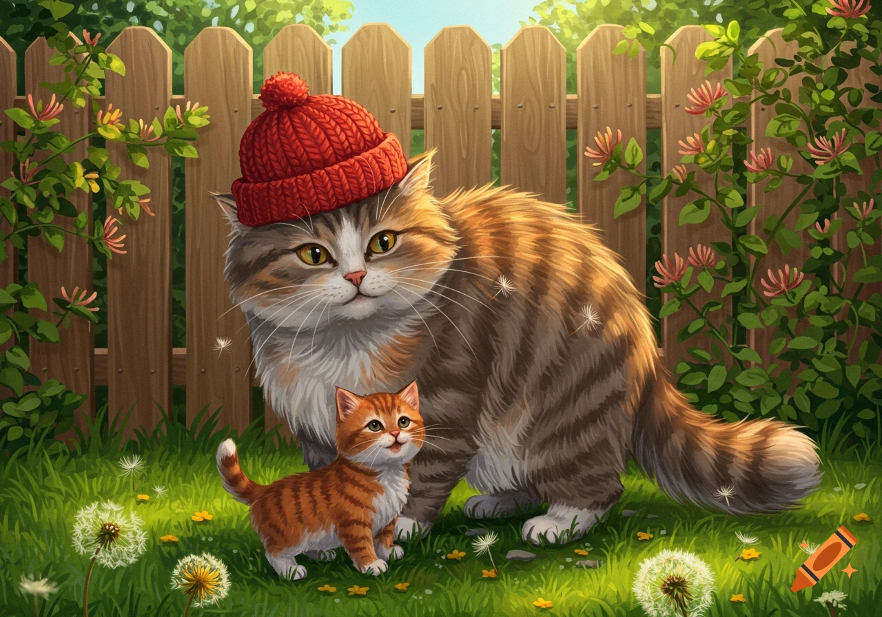 A large tabby cat wearing a red knit hat stands next to a small orange kitten in a sunny garden with dandelions and a wooden fence, in an illustrative style.
