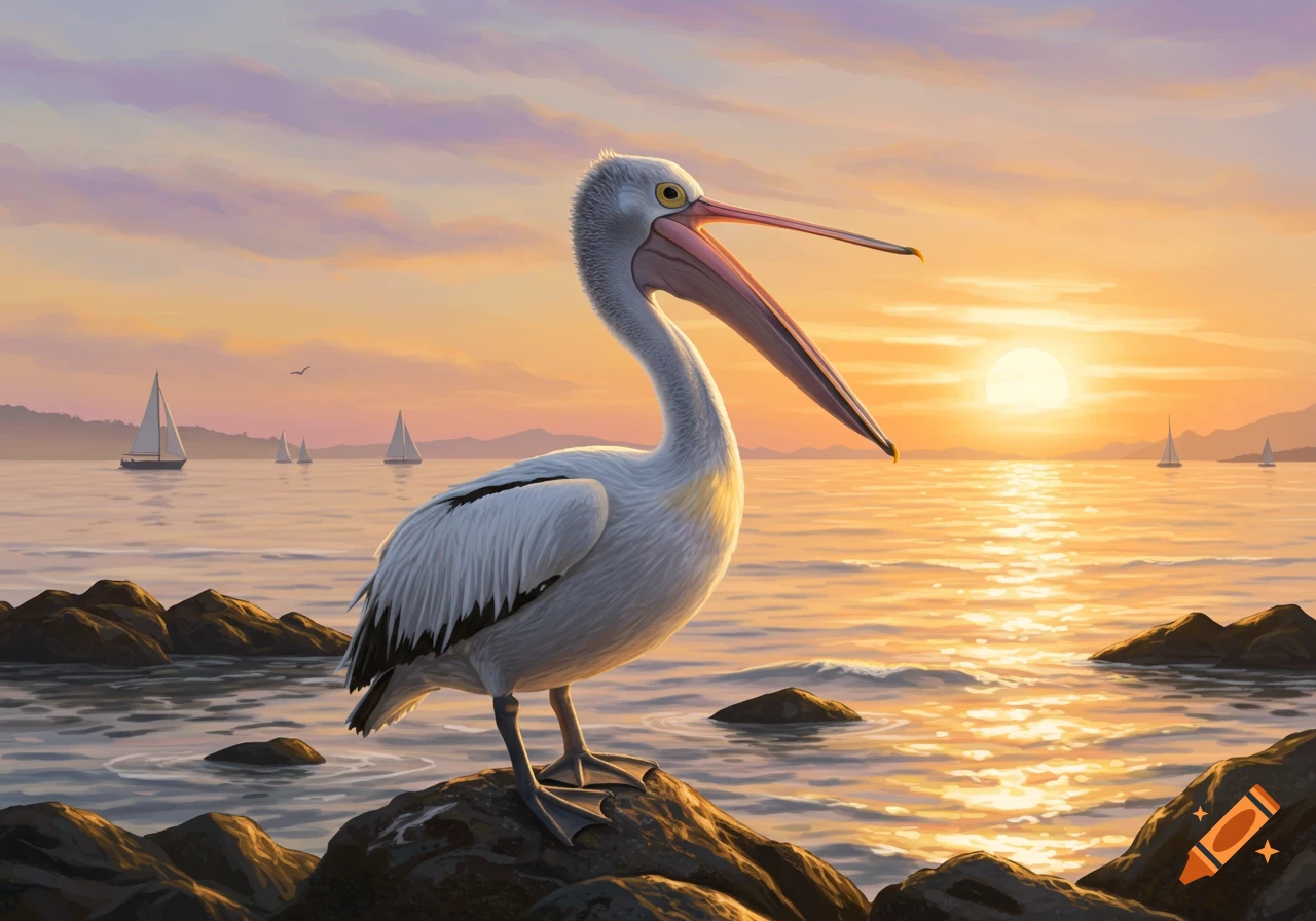 A pelican stands on rocks by the water at sunset, with sailboats in the distance.
