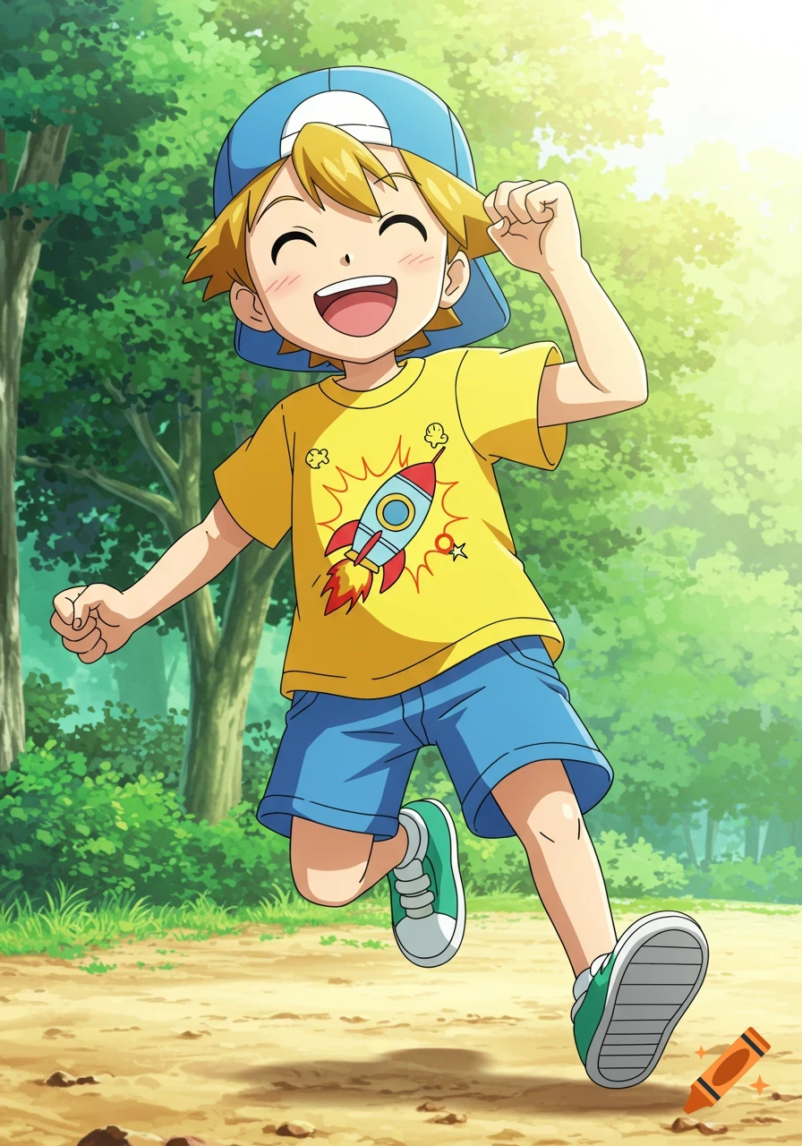 A cheerful anime boy with blond hair, wearing a blue cap, yellow t-shirt with a rocket print, blue shorts, and green sneakers, runs happily in a sunlit forest.